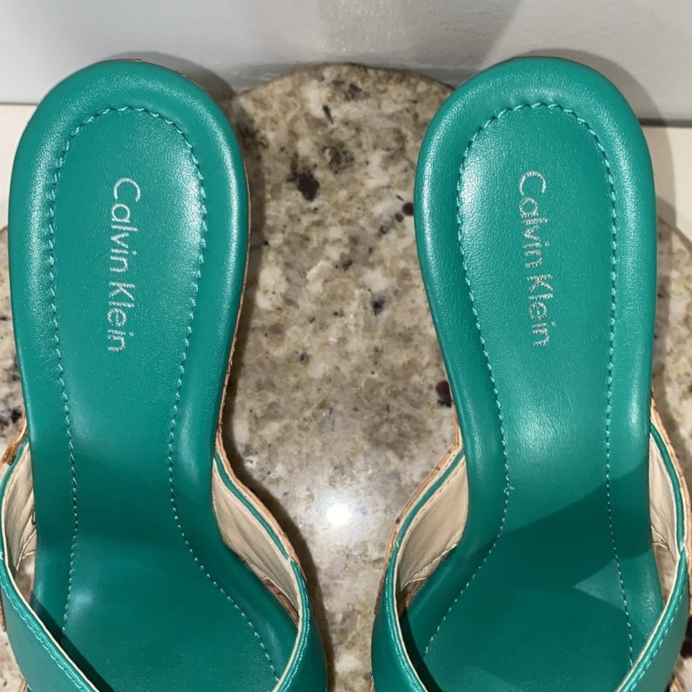 Calvin Klein EVAH Crisscross Cork Wedge Heel Open Toe Sandals Teal Size 8 - Picture 7 of 16